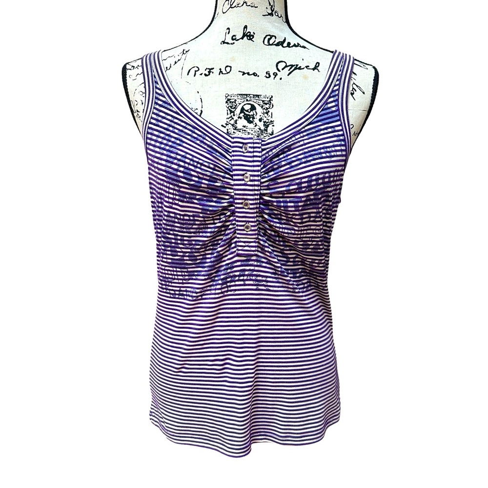 Graphic Purple Striped Women’s Tank Top with Decorative Buttons